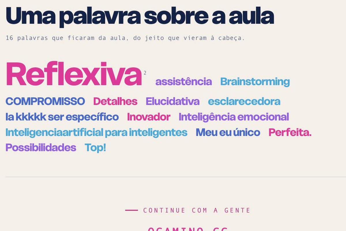 Palavras que a turma deixou sobre a aula